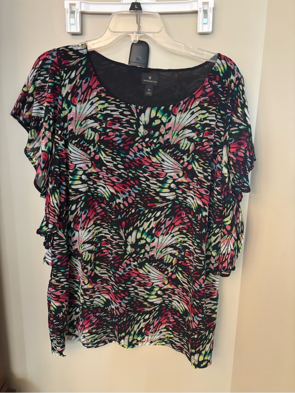 Worthington Black Multicolor Ruffle-Sleeve Scoop Neck Top